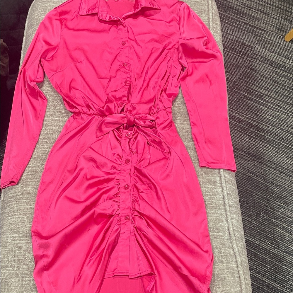 Women's Pink Button-Front Tie-Waist Dress